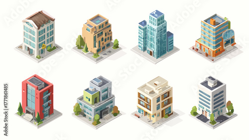 Modern Isometric Houses and Buildings Isolated on White Background for Architectural Design Projects