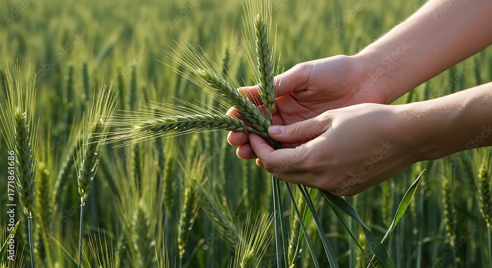 Naklejka premium Hands holding green wheat ears in a field, examining crop growth