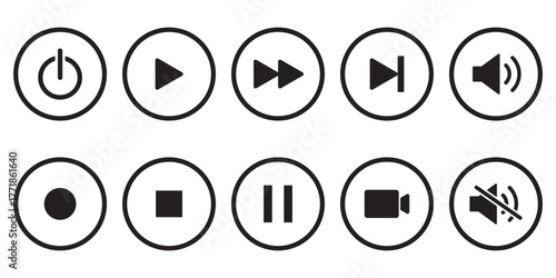 Media player icons. Play and pause buttons icon set. Media player button icons set. 