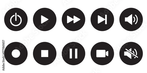 Music player icon set with play, pause, next, previous  and settings symbol in black and white color stroke style. Media Player Buttons icon set, Play and pause buttons sign. Player button icon set.