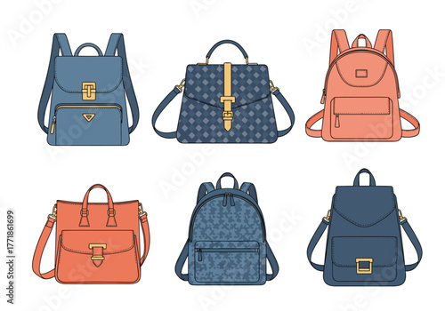 A collection of stylish women's bags and backpacks in various colors and designs, perfect for everyday fashion and travel accessories.