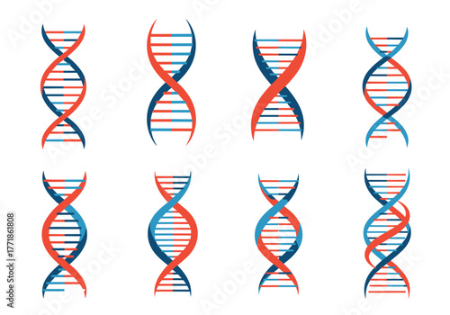 Eight colorful illustrations of DNA double helix structures representing genetics, biology, and scientific research.