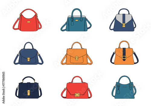 A collection of colorful and diverse women's handbags in various styles and designs, depicted as flat vector illustrations.