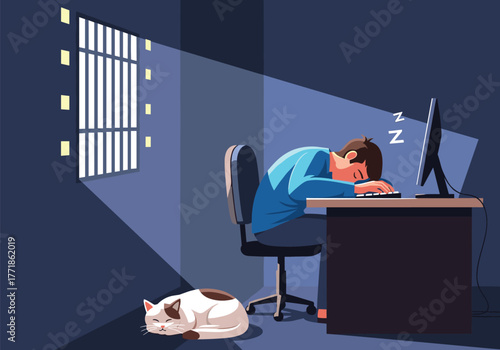 An exhausted person is sleeping face down on a desk in front of a computer, with a cat peacefully napping nearby in a dimly lit room.