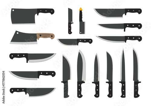 A diverse collection of sharp knives, cleavers, and utility blades, presented as flat vector illustrations with varied handle designs.
