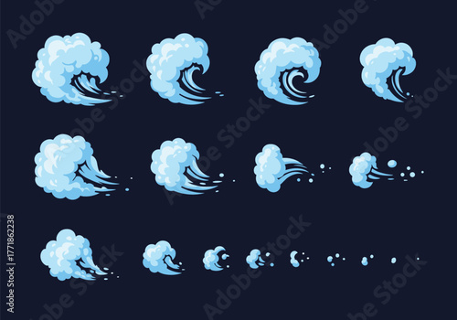 Cartoon wind and speed effect animation sprite sheet with various frames of dynamic blue gusts and air blasts for game development.