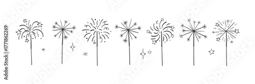 Sparkler hand drawn doodle set isolated. Bengal fire new year party decoration. 