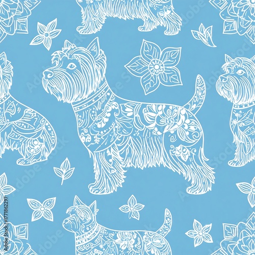Westie Dog Pattern - Whimsical Floral Design on Blue Background.