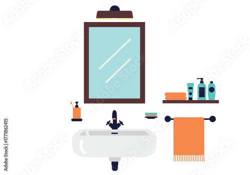 A clean, flat-design illustration of a modern bathroom vanity area with a mirror, sink, and essentials.