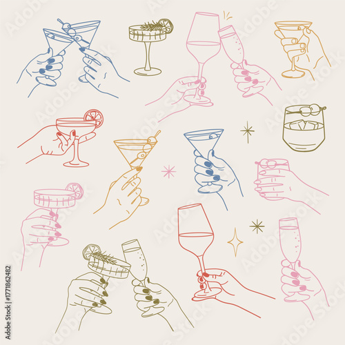 Colorful cocktail glasses. Hand holding wine chmpagne cocktail glass hand drawn doodle sketch.