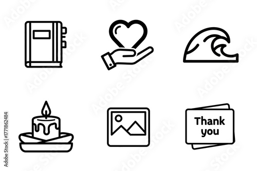 Universal Diverse Line Icons Set: Book, Love, Wave, Candle, Photo, Thank You