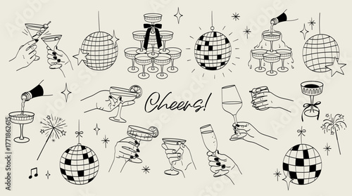 Party event celebration. Champagne wine cocktails hand drawn doodles. Disco ball and bengal fire.