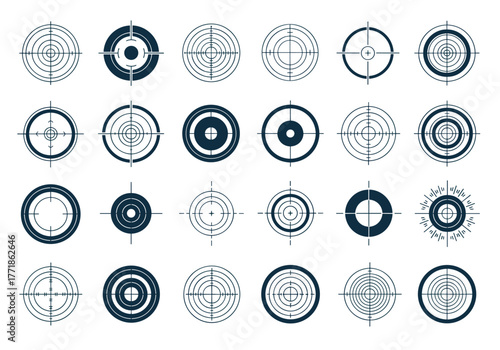 A diverse collection of vector target and crosshair icons, useful for shooting, archery, and precision aiming applications.