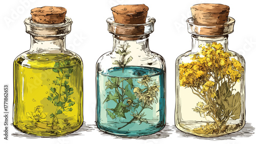 Organic Herbal Oil Poured in Glass Corked Jars Vector Illustration