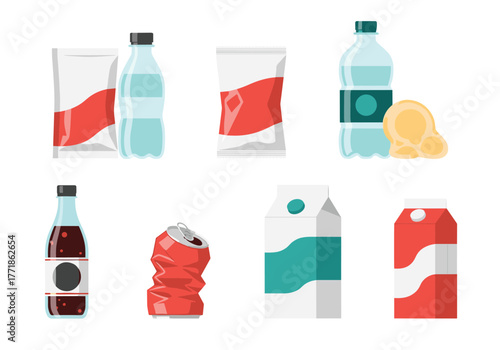 A diverse collection of packaged consumer goods and food waste, including various beverages, snacks, and cartons, presented as flat vector illustrations.