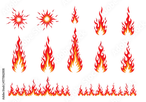 A comprehensive vector set of stylized fire and flame elements, showcasing various burning shapes and dynamic explosion bursts.