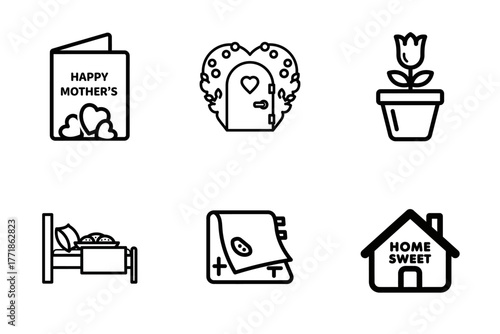 Mother's Day and Home Sweet Home Line Icons Set - Family Comfort and Domestic Life Symbols