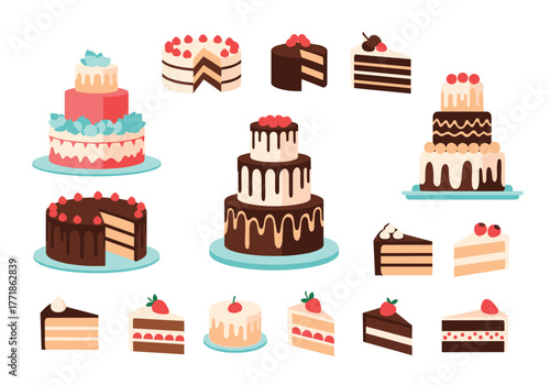 A collection of beautifully illustrated cakes and dessert slices featuring various designs and flavors for celebration and sweet treats.