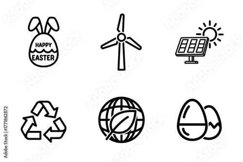 Eco-Friendly and Easter Line Art Icons Set - Renewable Energy, Recycling, Nature, and Holiday Symbols