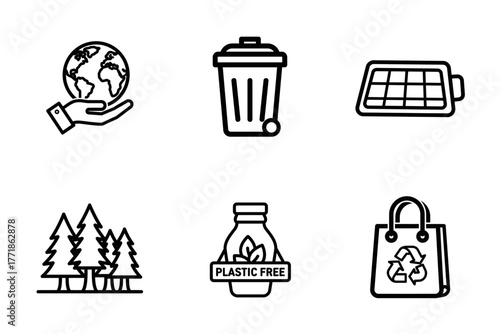 Eco-Friendly & Sustainable Living Line Icons Set - Environmental Protection, Renewable Energy, Recycling, Plastic Free Symbols