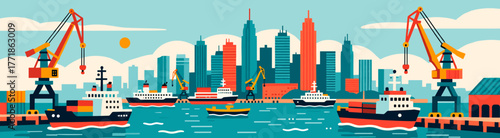 Vector city skyline with bustling port and ships