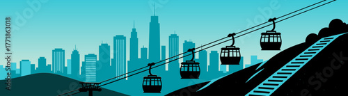 Cable cars on silhouette cityscape with hills