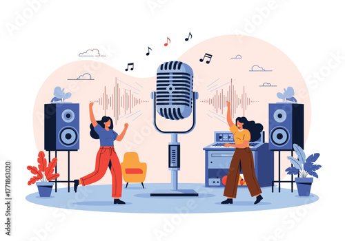 Two happy women dancing and enjoying music in a recording studio with a large vintage microphone and sound equipment.