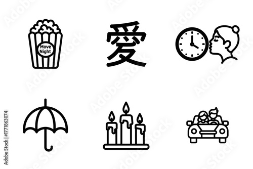 Lifestyle and Daily Activities Vector Icons Set: Love, Movie Night, Family, Candles, Umbrella, Time Symbols