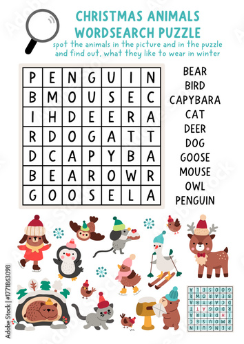 Vector Christmas word search puzzle for kids. New Year wordsearch quiz with animals. Cute winter holiday educational cross word activity with capybara, cat, bird, deer, bear, penguin, mouse