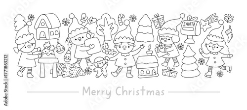 Vector black and white horizontal Christmas border set with cute winter holiday character. New Year line card template design or coloring page with elves, presents, trees, house, gingerbread man