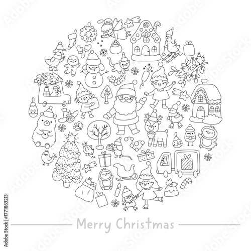 Vector black and white Christmas round frame with deer, decorated tree, elf. New Year card template design for banners, invitations. Cute winter holiday line illustration, coloring page with Santa