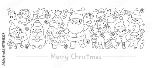 Vector black and white horizontal Christmas border set with cute winter holiday characters. New Year line card template design, coloring page with Santa Claus, deer, elf, tree, snowman, stocking