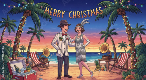 1920s Couple Celebrating Merry Christmas on Tropical Beach, Enjoying Vintage Music and Festive Holiday Cheer