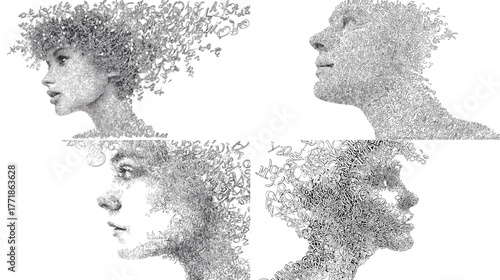 Creative abstract portrait illustration of human faces made of flowing lines and particles. Minimal black and white artwork representing imagination and digital creativity.