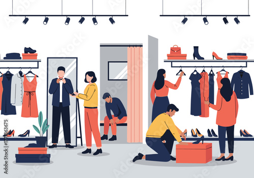 Customers and staff engage in various activities like trying on clothes, browsing apparel, and selecting footwear in a modern retail clothing store.