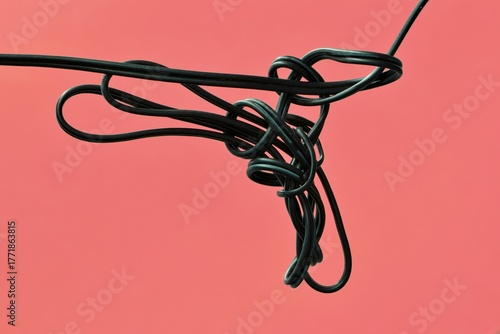 Tangled cord electrical cable on plain pink background conceptual image.	
