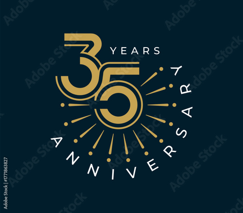 35 Years Anniversary with fireworks design vector illustration. Unique 35 years logo design template. In gold color.	