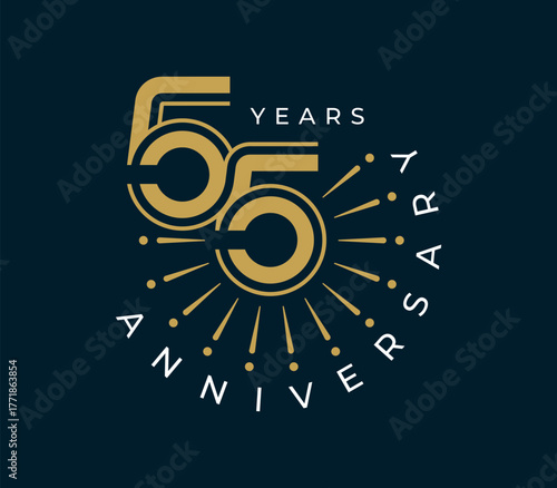 55 Years Anniversary with fireworks design vector illustration. Unique 55 years logo design template. In gold color.	