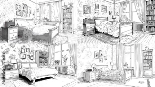 Cozy bedroom interior sketch with bed, curtains, shelves, and furniture. Hand-drawn black and white illustration showing warm home atmosphere and vintage design.