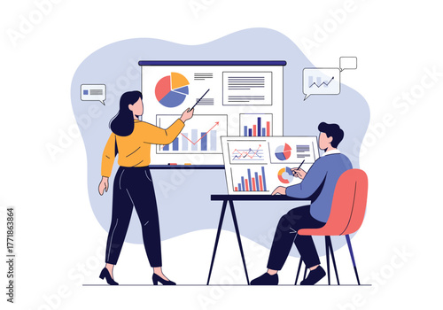Business professionals collaborate on data analysis, reviewing financial charts and graphs for strategic planning.