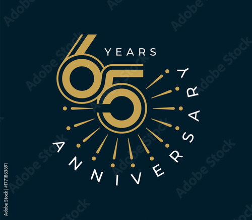 65 Years Anniversary with fireworks design vector illustration. Unique 65 years logo design template. In gold color.	