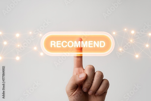 Hand pushing an orange glowing button labelled recommend surrounded by lights