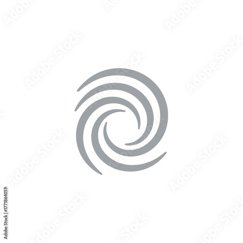 Flat swirl vector in gray tone representing hurricane, cyclone, or wind vortex concept with minimalist clean design