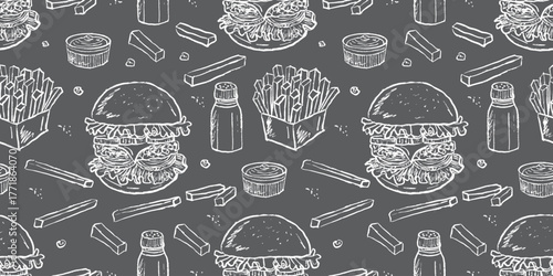 Hand drawn tasty hamburger, french fries, salt, pepper and sauce. Fast food seamless pattern design. Chalkboard drawing on black background. Vector sketch illustration in vintage crayon style