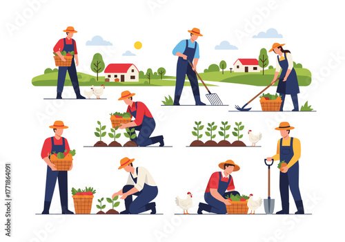 Farmers engaged in various agricultural activities like planting, harvesting, and tilling in a rural farm setting with houses and chickens.