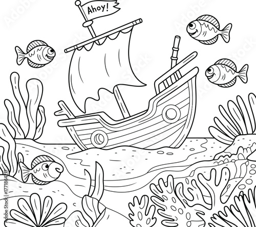 Cartoon outline pirate ship sailing underwater with fish and coral vector