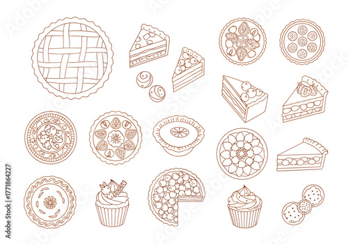 A collection of hand-drawn line art illustrations depicting various baked goods, pies, cakes, tarts, and other sweet desserts.