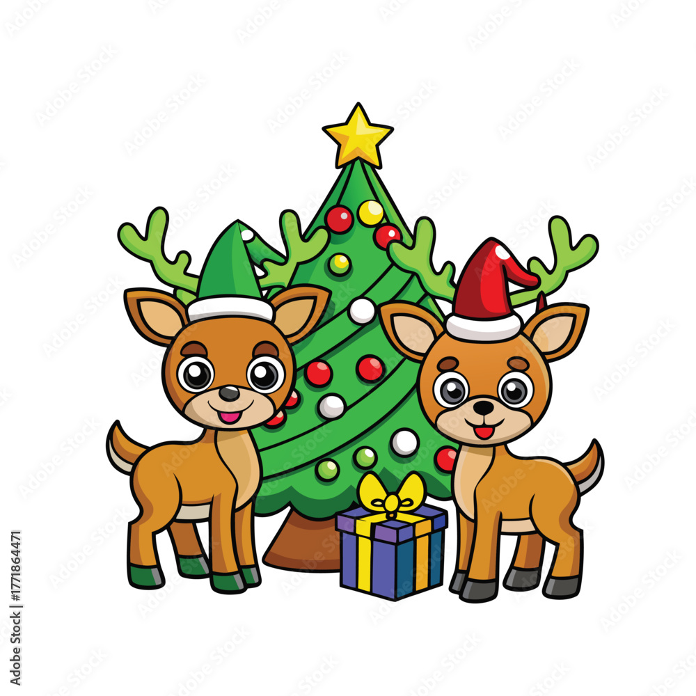 Fototapeta premium A Christmas scene with a cute reindeer family standing beside gift boxes under a decorated pine tree cartoon vector illustration