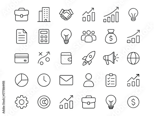 Collection of thin line icons representing business concepts and finance elements on white background