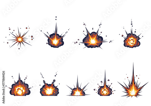 Various cartoon explosion effects with fire, smoke, and debris, useful for game animations, comics, and visual impact graphics.